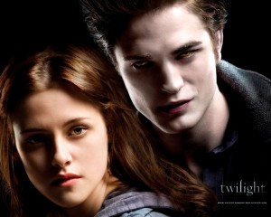 poster for twilight showing bella and edward cullen, amber vampire eyes