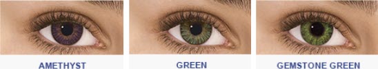 Amethyst, Green, and Gemstone Green color contacts on dark eyes